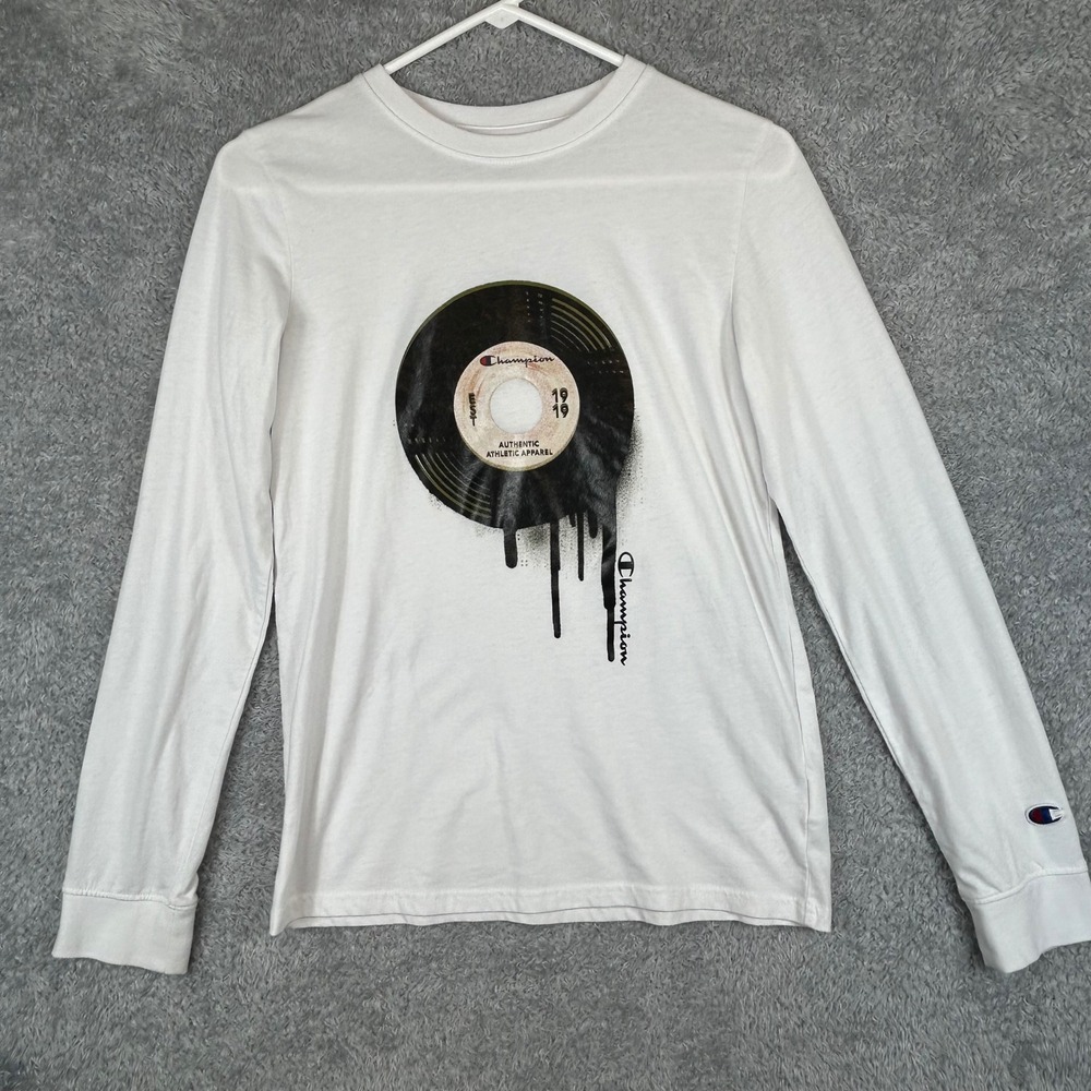 Champion Kids White Long Sleeve Melting Vinyl Record Graphic T-Shirt XL CUB027